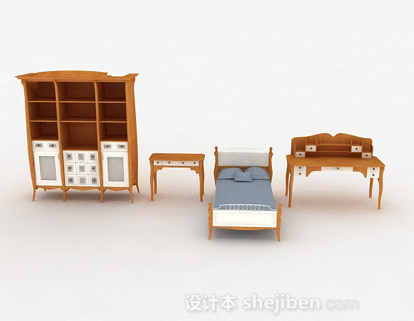 现代风格木质家居床柜组合3d模型下载