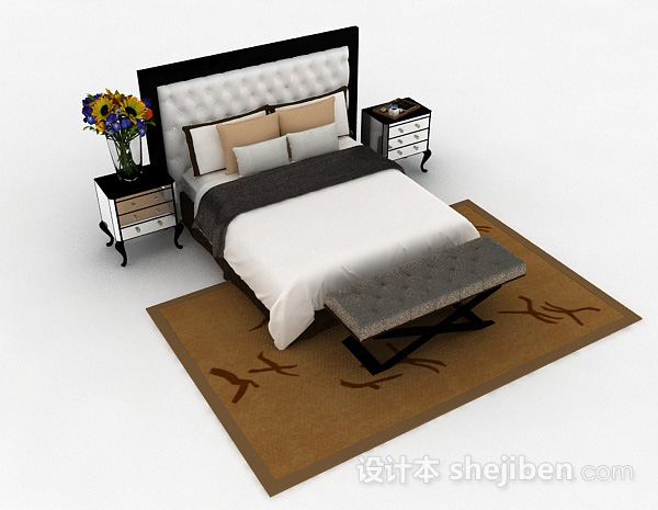 免费简欧风格白色双人床3d模型下载