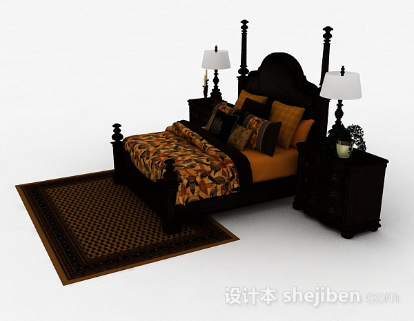 设计本新中式棕色双人床3d模型下载