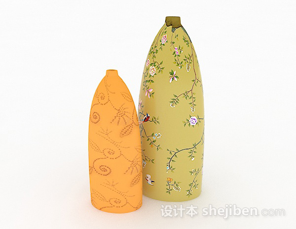 田园风格组合黄底花纹花瓶3d模型下载