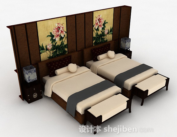 中式单人床组合3d模型下载