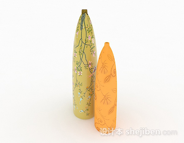 设计本田园风格组合黄底花纹花瓶3d模型下载