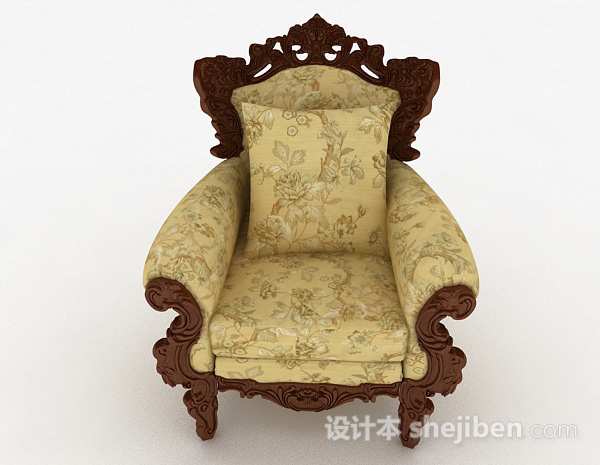 欧式风格欧式复古黄色花纹单人沙发3d模型下载