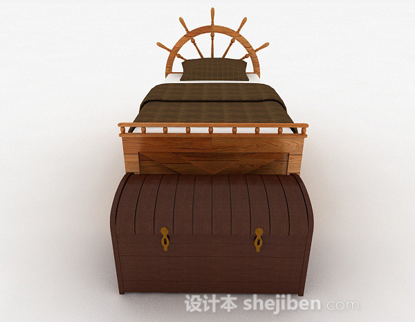 美式风格航船主题木质单人床3d模型下载