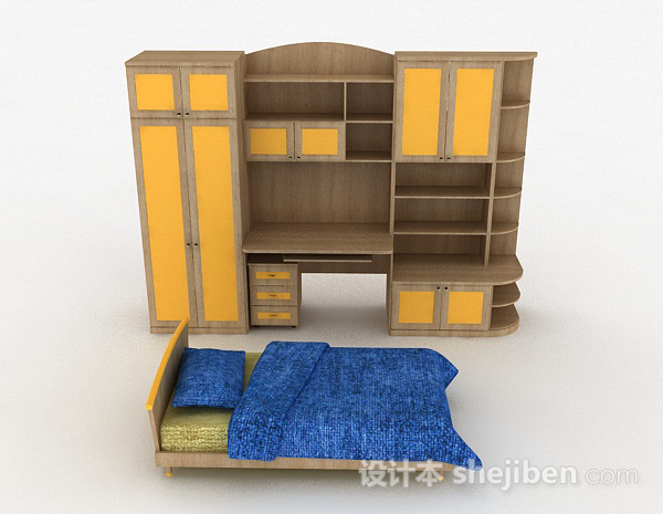 现代风格木质床柜组合3d模型下载