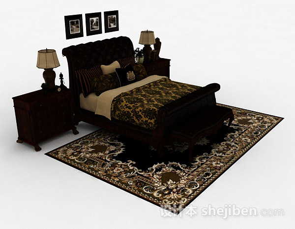 欧式木质棕色双人床3d模型下载