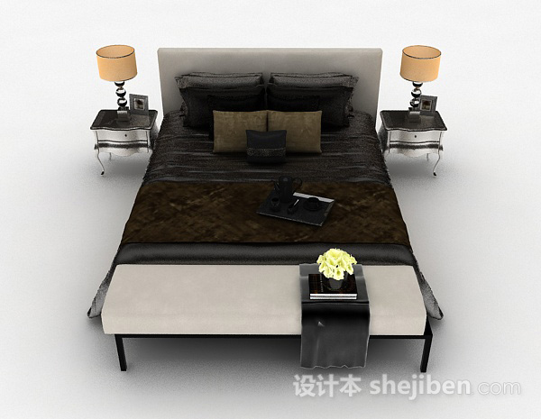 欧式风格欧式灰色双人床3d模型下载