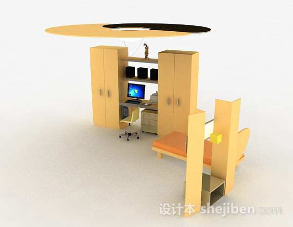 现代风格黄色床柜组合3d模型下载