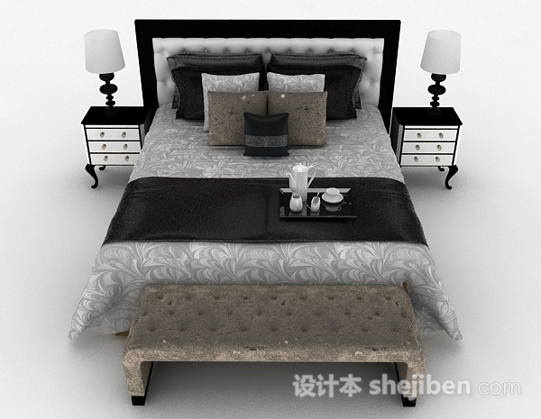 现代风格灰色家居双人床3d模型下载