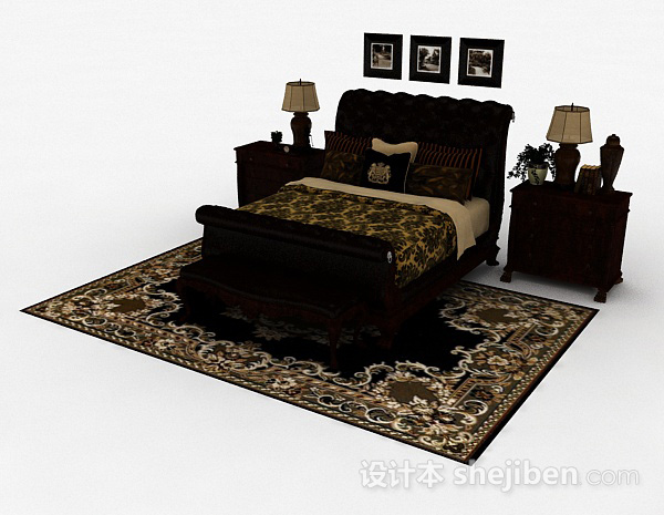 免费欧式木质棕色双人床3d模型下载