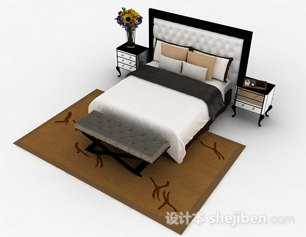 简欧风格白色双人床3d模型下载