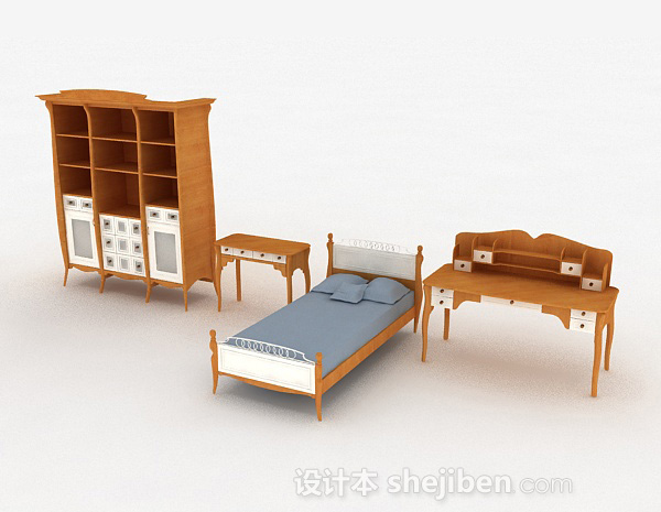 免费木质家居床柜组合3d模型下载