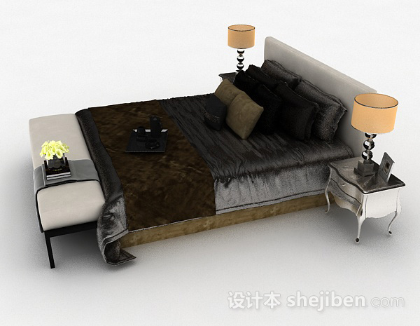 设计本欧式灰色双人床3d模型下载