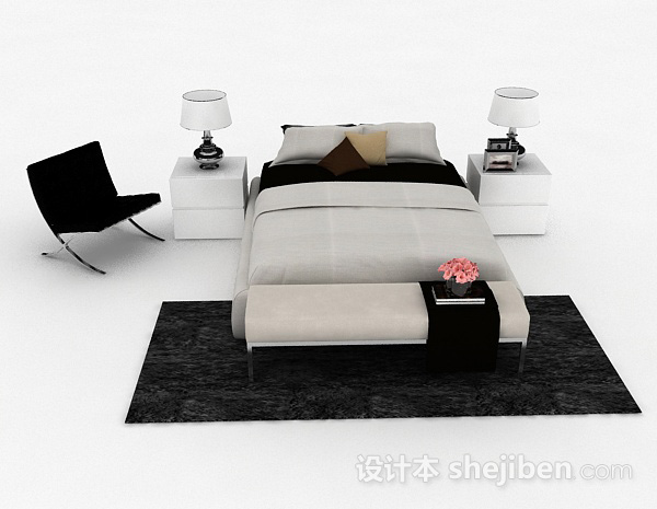 现代风格灰色家居双人床3d模型下载