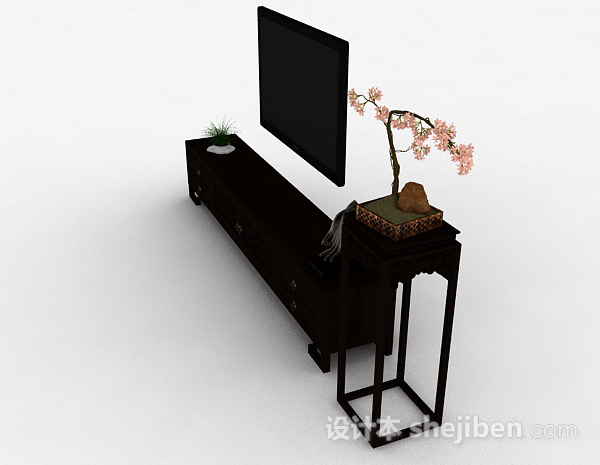 设计本中式风格黑色雕花电视柜3d模型下载