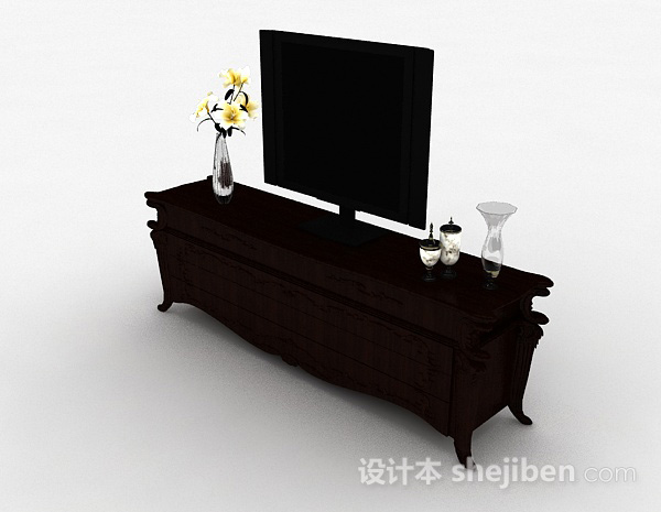 免费中式风格黑色雕花电视柜3d模型下载