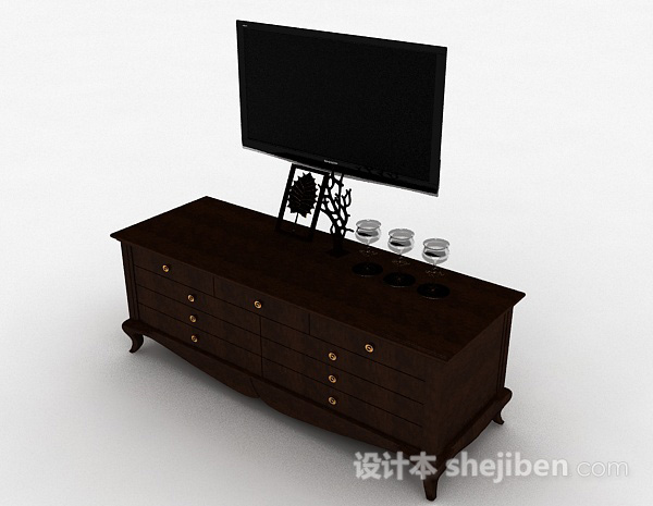 免费欧式风格深棕色木质电视储物柜3d模型下载