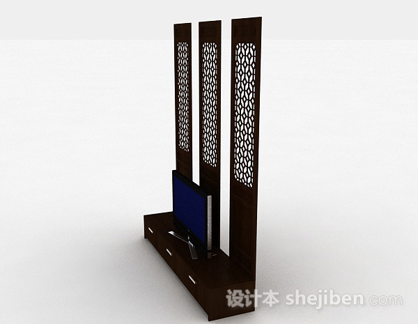 免费中式风格木质镂空电视背景墙3d模型下载