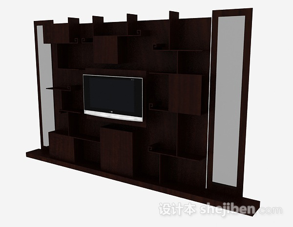 中式风格中式深棕色木质电视背景墙3d模型下载