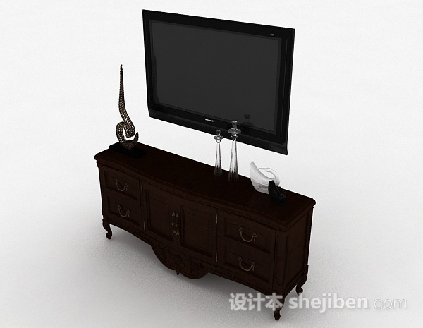 免费欧式风格棕色木质电视储物柜3d模型下载