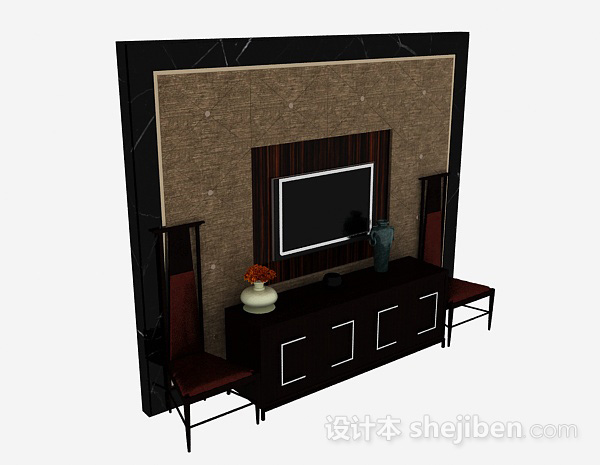 中式风格黑色木质电视储物柜3d模型下载