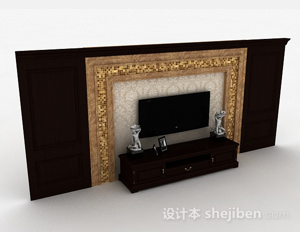 欧式风格深棕色木质电视储物柜