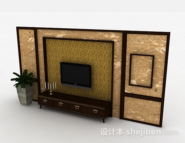 中式风格中式风格大理石花纹电视背景墙3d模型下载
