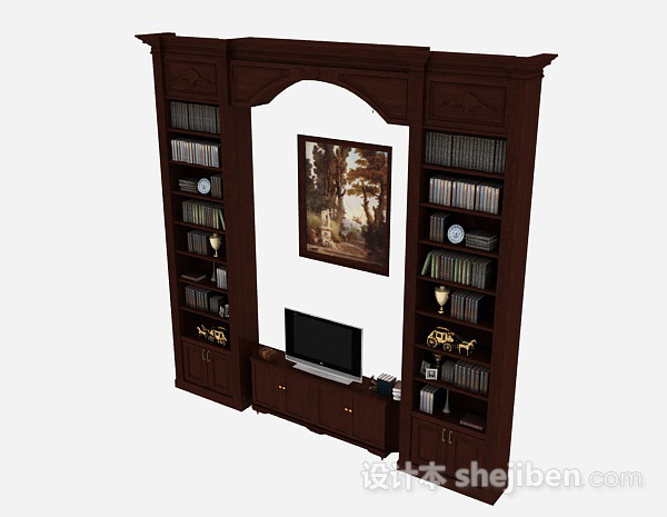 免费欧式风格深棕色木质组合电视柜3d模型下载