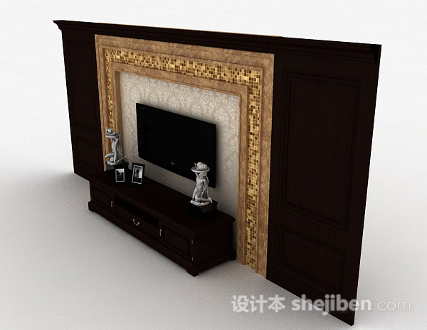 设计本欧式风格深棕色木质电视储物柜3d模型下载