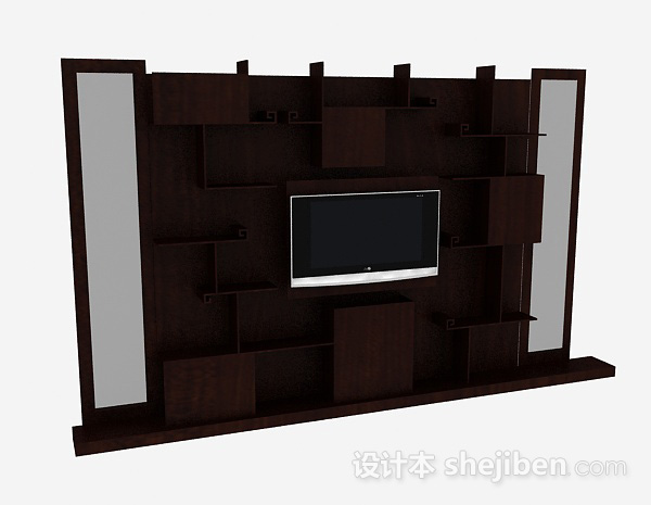 中式深棕色木质电视背景墙