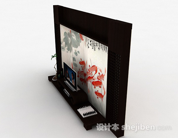 免费中式屏风电视背景墙3d模型下载