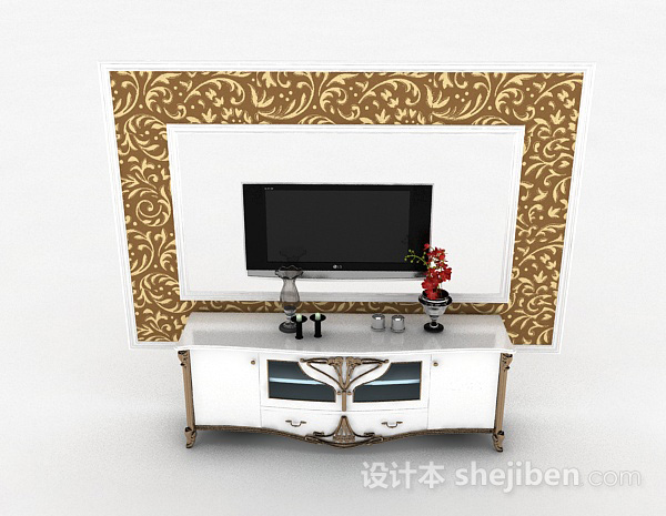 现代风格白色电视柜背景墙3d模型下载