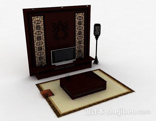 中式传统木质雕花电视背景墙3d模型下载