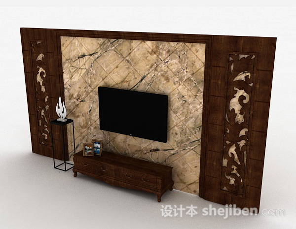 设计本中式原木色木质雕花电视柜3d模型下载
