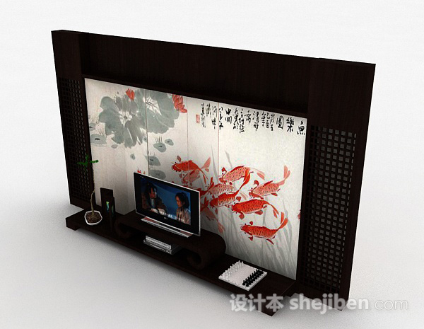 中式风格中式屏风电视背景墙3d模型下载