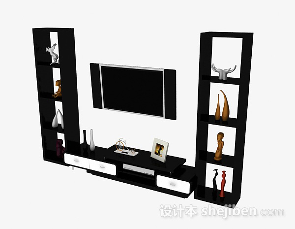 免费现代风格黑色电视柜和展示柜3d模型下载