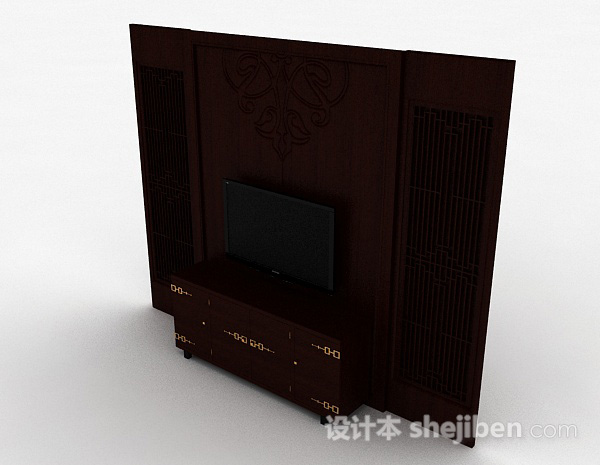 免费中式风格棕色木质电视柜3d模型下载