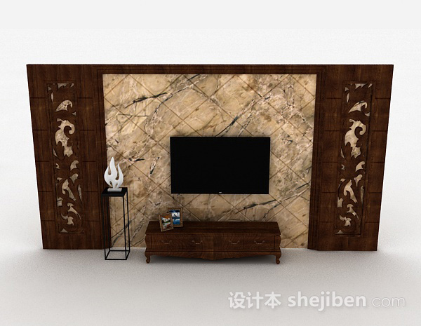 中式风格中式原木色木质雕花电视柜3d模型下载
