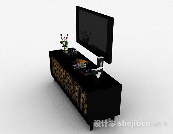 设计本中式风格黑色电视储物柜3d模型下载