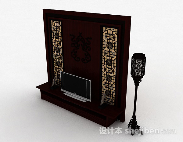 中式风格中式枣红色木质电视背景墙3d模型下载