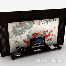 中式屏风电视背景墙3d模型下载