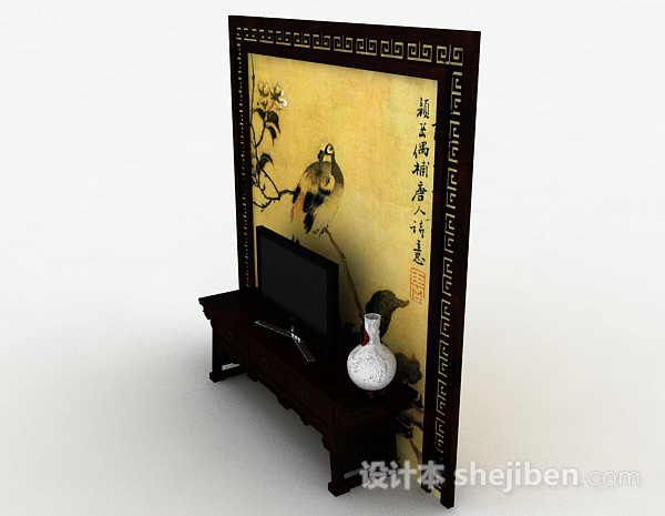 设计本中式传统木质棕色电视柜3d模型下载