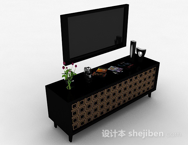 中式风格黑色电视储物柜3d模型下载