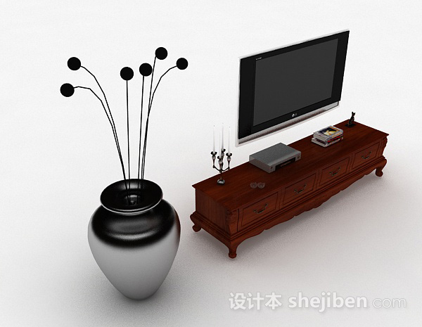 欧式风格枣红色木质电视柜3d模型下载
