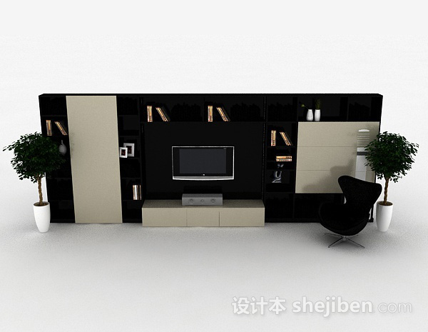 现代风格现代风格时尚黑色电视背景墙3d模型下载
