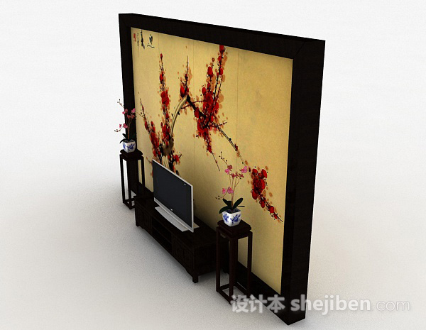 设计本中式风格传统木质组合电视柜3d模型下载
