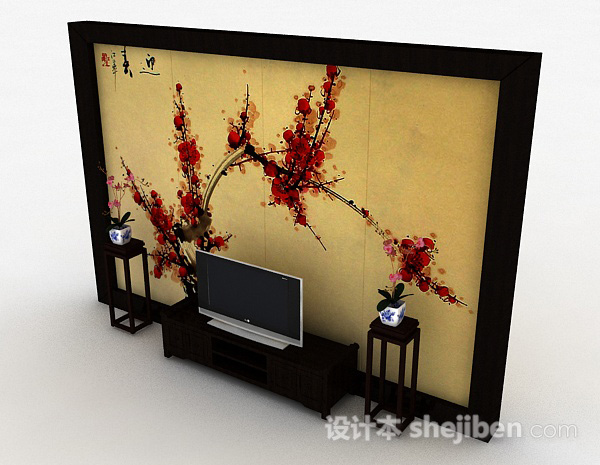 免费中式风格传统木质组合电视柜3d模型下载