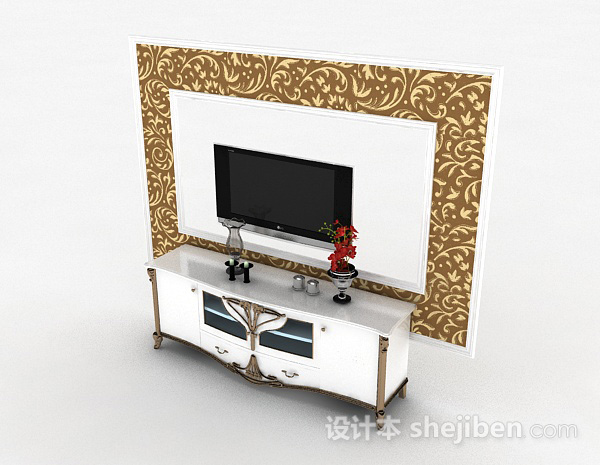 免费白色电视柜背景墙3d模型下载