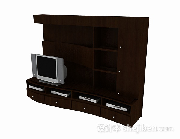 免费现代深棕色木质电视背景墙3d模型下载