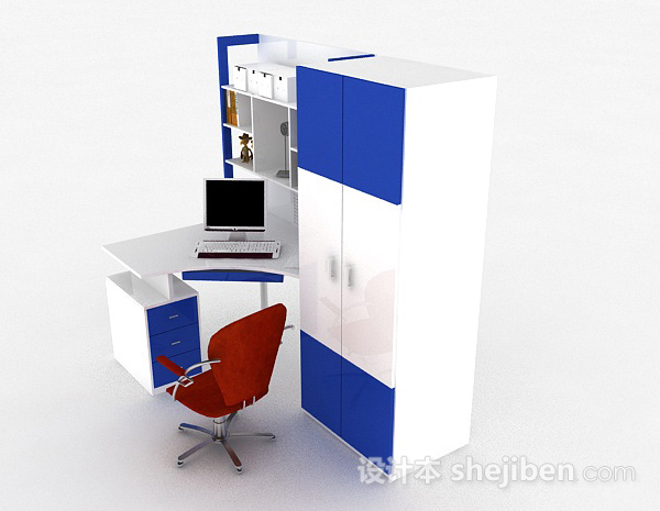 设计本蓝白色学生书桌柜3d模型下载